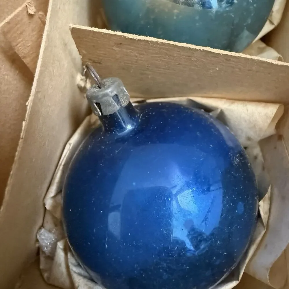 12 Vintage Ornaments Colorful BLUE Glass Balls MID CENTURY Decor Original Box